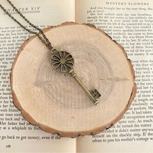 Flower Key Pendant Necklace Bronze Tone Vintage Style Skeleton Key Handmade